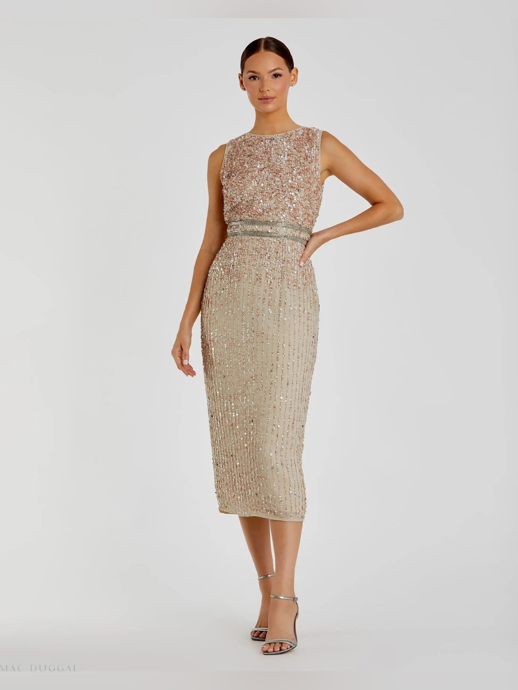 Mac Duggal Beaded Champagne Midi Sheath Dress